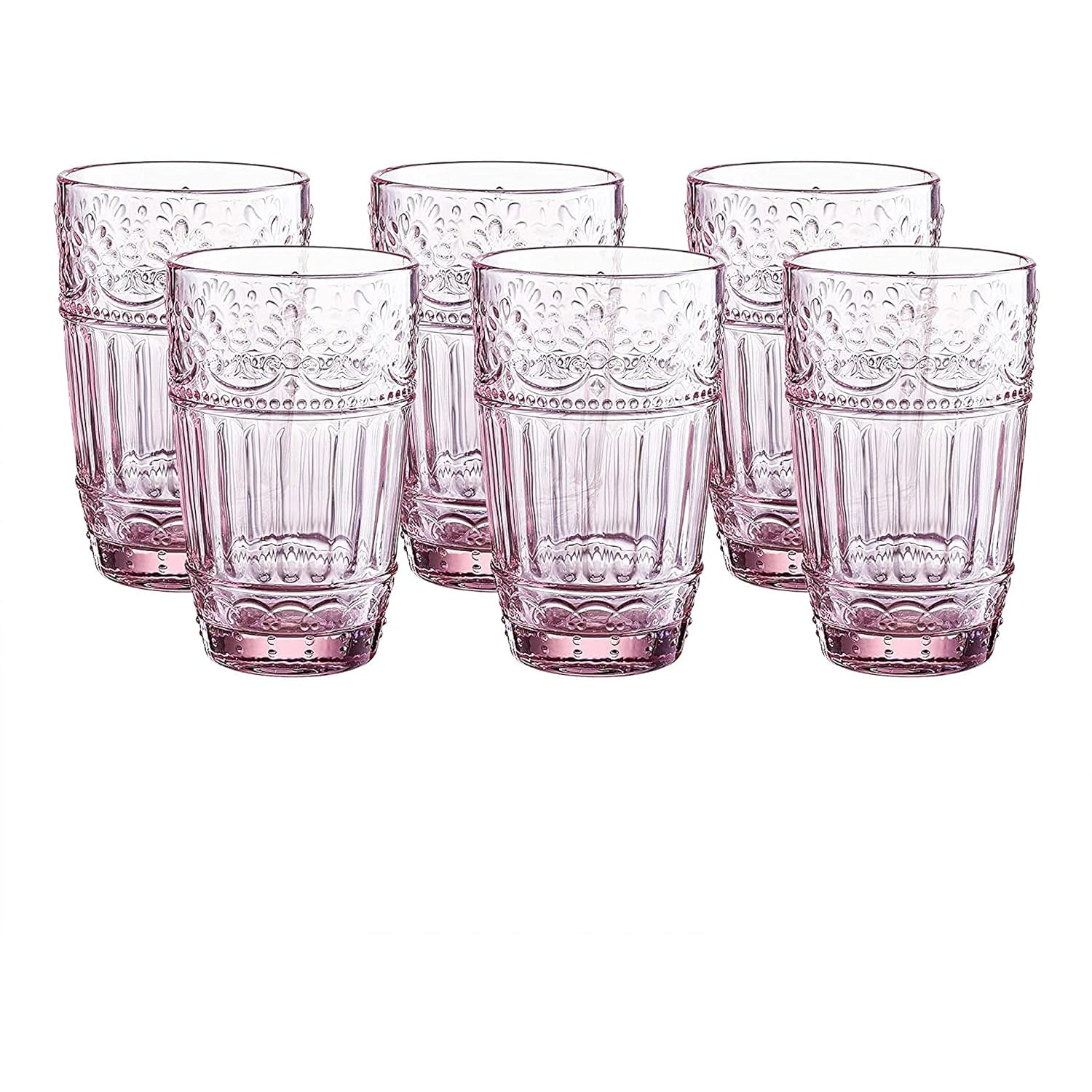WHOLE HOUSEWARES Vintage Drinking Glasses - Set of 6 Embossed Water Glasses - 11oz Pink Glass Tumblers - Glassware Set for Water, Iced Tea, or Juice - Ideal for Weddings or Casual Dinner