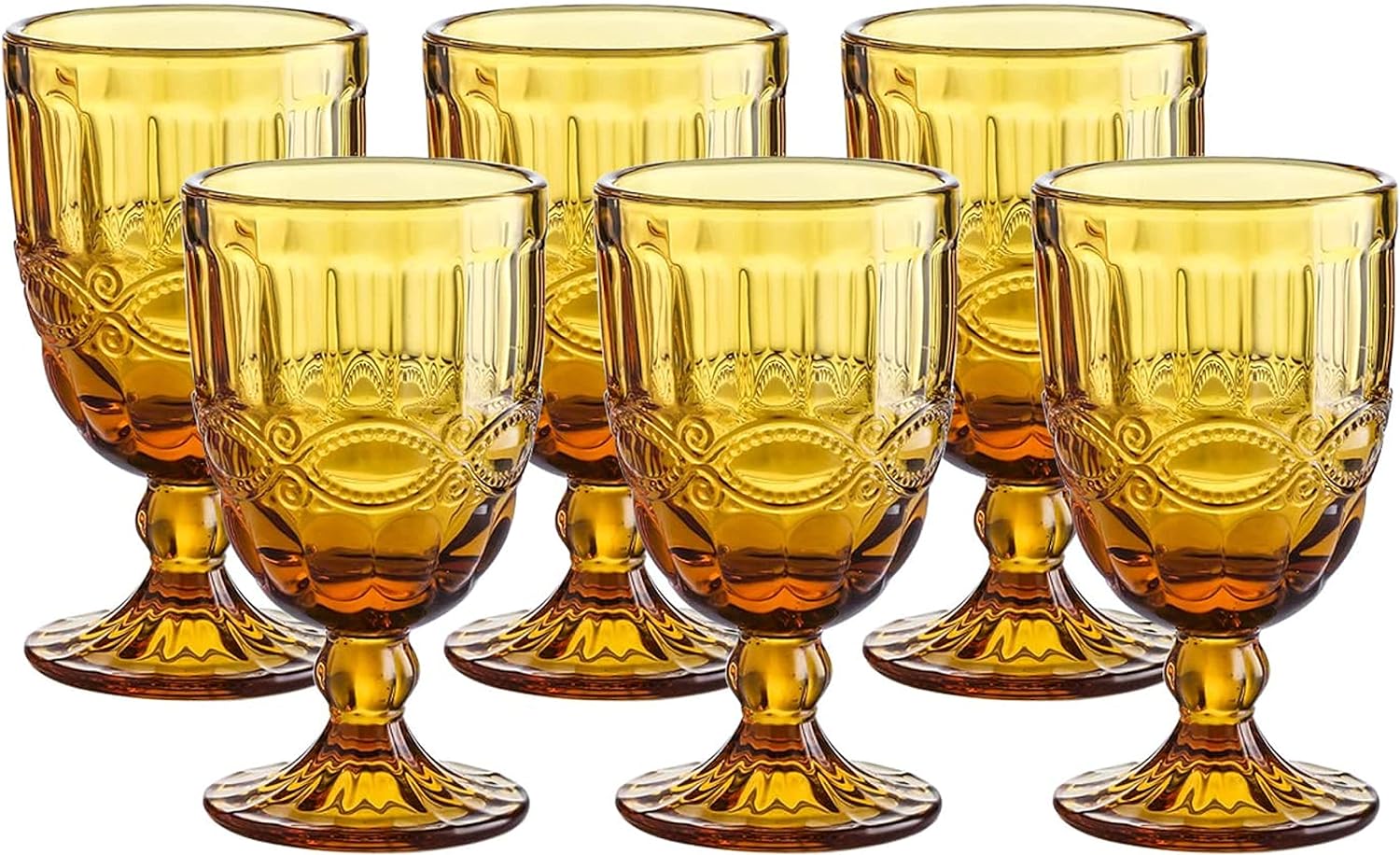 WHOLE HOUSEWARES | Colored Amber Drinking Glasses | Amber Glassware |Pressed Pattern Wine Amber Glass Goblet with Stem for Wedding | Set of 6 | 8.7 Ounce (Amber)