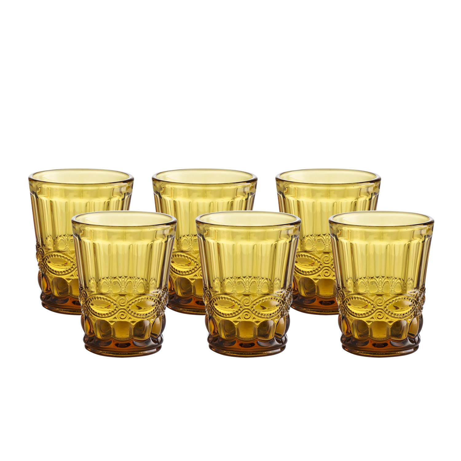 WHOLE HOUSEWARES | Amber Glassware Vintage-Pressed Pattern Set of 6 | 8 oz Embossed Design | Amber Drinking Glasses | For Weddings, Dinners, and Parties | Amber Glasses Drinking