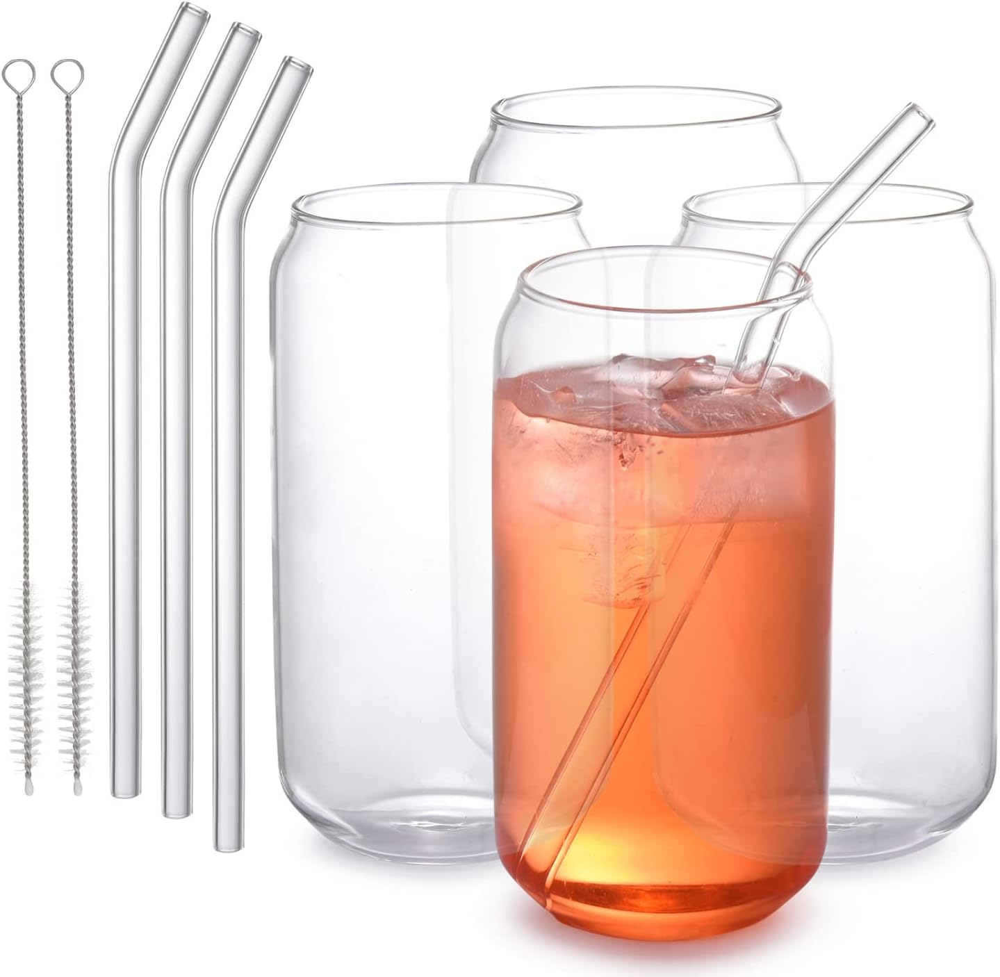 WHOLE HOUSEWARES Drinking Glasses with Glass Straw - Tumbler Glasses for Iced Coffee Glasses - Smoothie Iced Tea and Cocktail Glass Cups for Wine, Soda, Clear Water or Beer