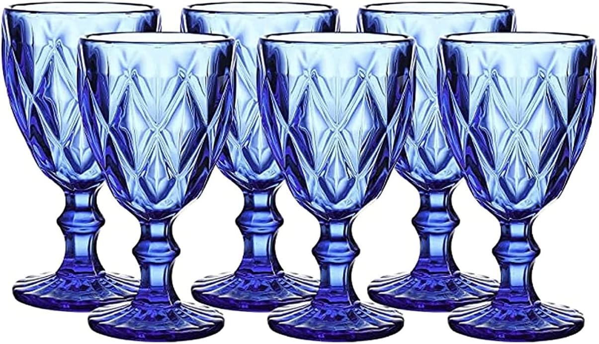WHOLE HOUSEWARES | Goblet Glass Drinkware Set | Vintage Drinking Cups | 9.5oz Water Goblets Glasses | Set of 6 Colored Glassware for Kitchen | For Wedding or Parties | Cobalt Blue Diamond Pattern
