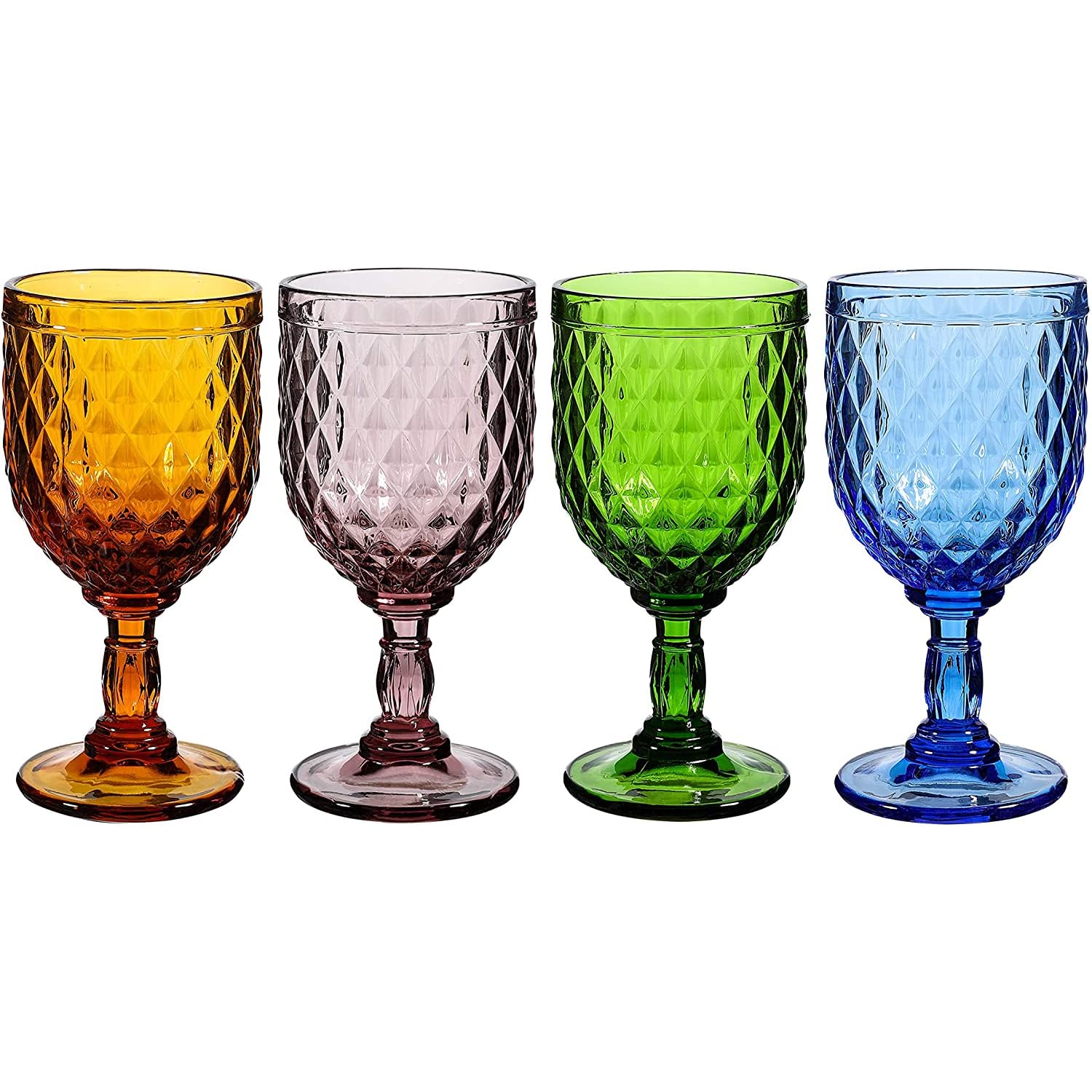 WHOLE HOUSEWARES Vintage Style Colored Glass Water Goblet Set of 4 Multi Colors Drinking Glasses (11 OZ)