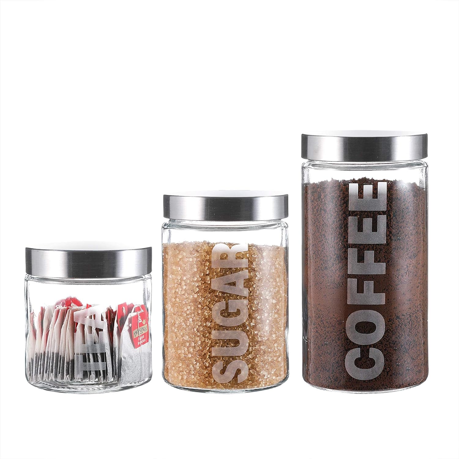 WHOLE HOUSEWARES Airtight Glass Canister Set for Coffee, Tea, and Sugar - 3-Piece Container Set with Stainless Steel Lids - Clear Glass Jars for Kitchen Storage