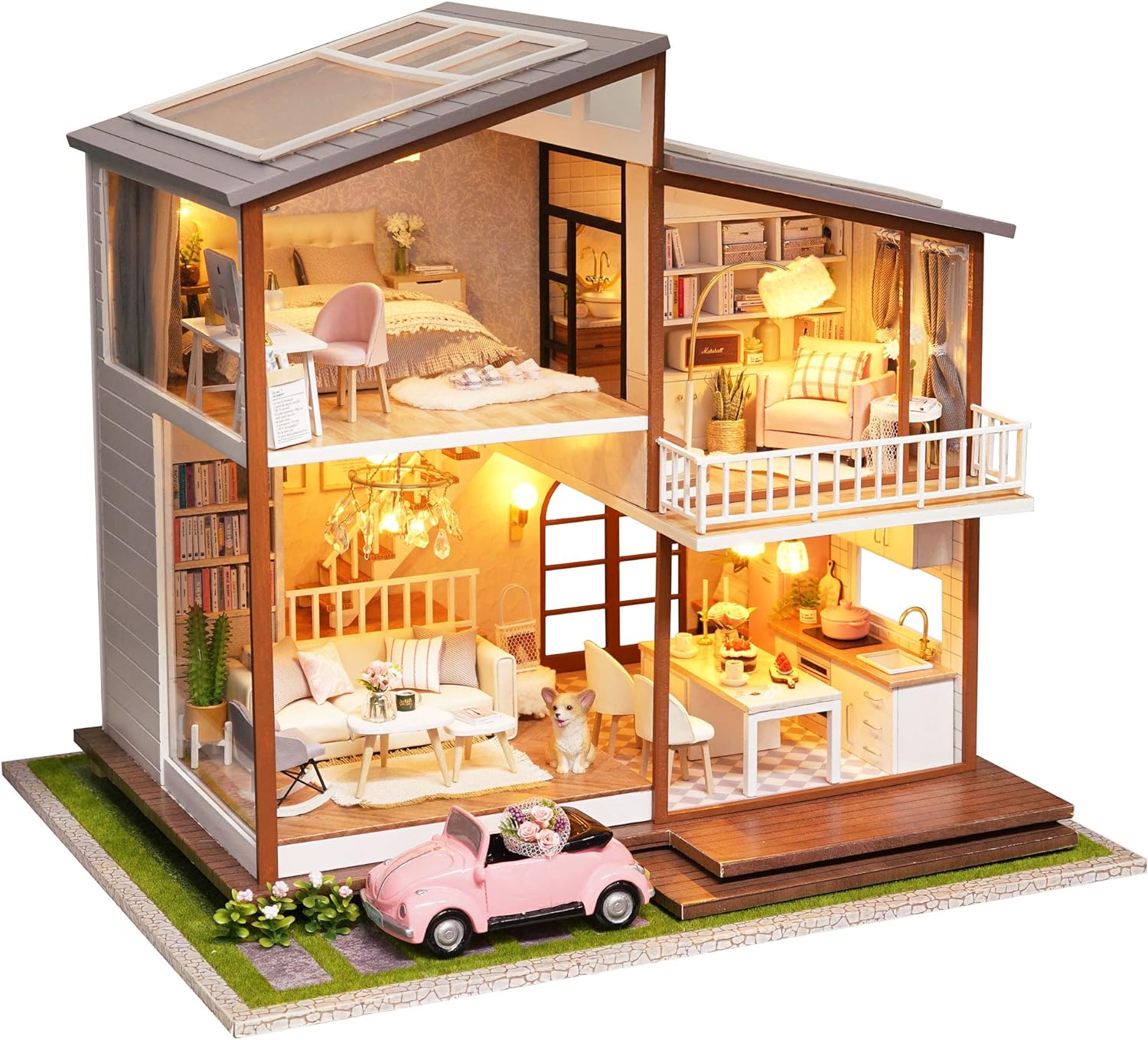 Spilay DIY Dollhouse Miniature with Wooden Furniture,DIY Dollhouse Kit Large Villa Model with LED Light & Music Box,1:24 Scale Creative Room Gift for Adult Teenager(Slow Time)