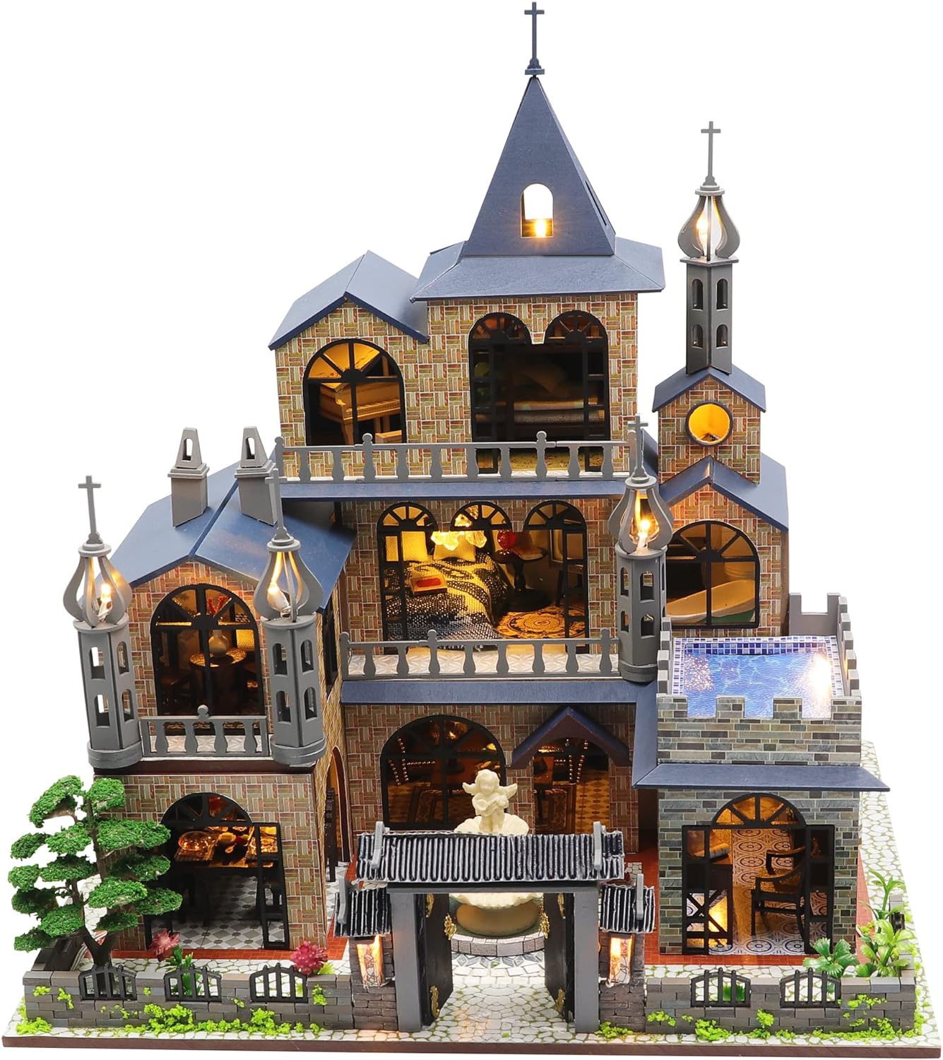 Spilay Dollhouse DIY Miniature Wooden Furniture Kit,Mini Handmade Big Castle Model with Dust Cover & Music Box & LED,1:24 Scale Creative Doll House Toys for Adult Gift (Dream Come True Castle)