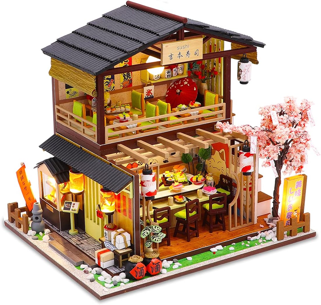 GuDoQi DIY Miniature Dollhouse Kit, Tiny House kit with Furniture, Miniature House Kit 1:24 Scale Japanese Style Shop, Great Handmade Crafts Gift for Birthday Christmas