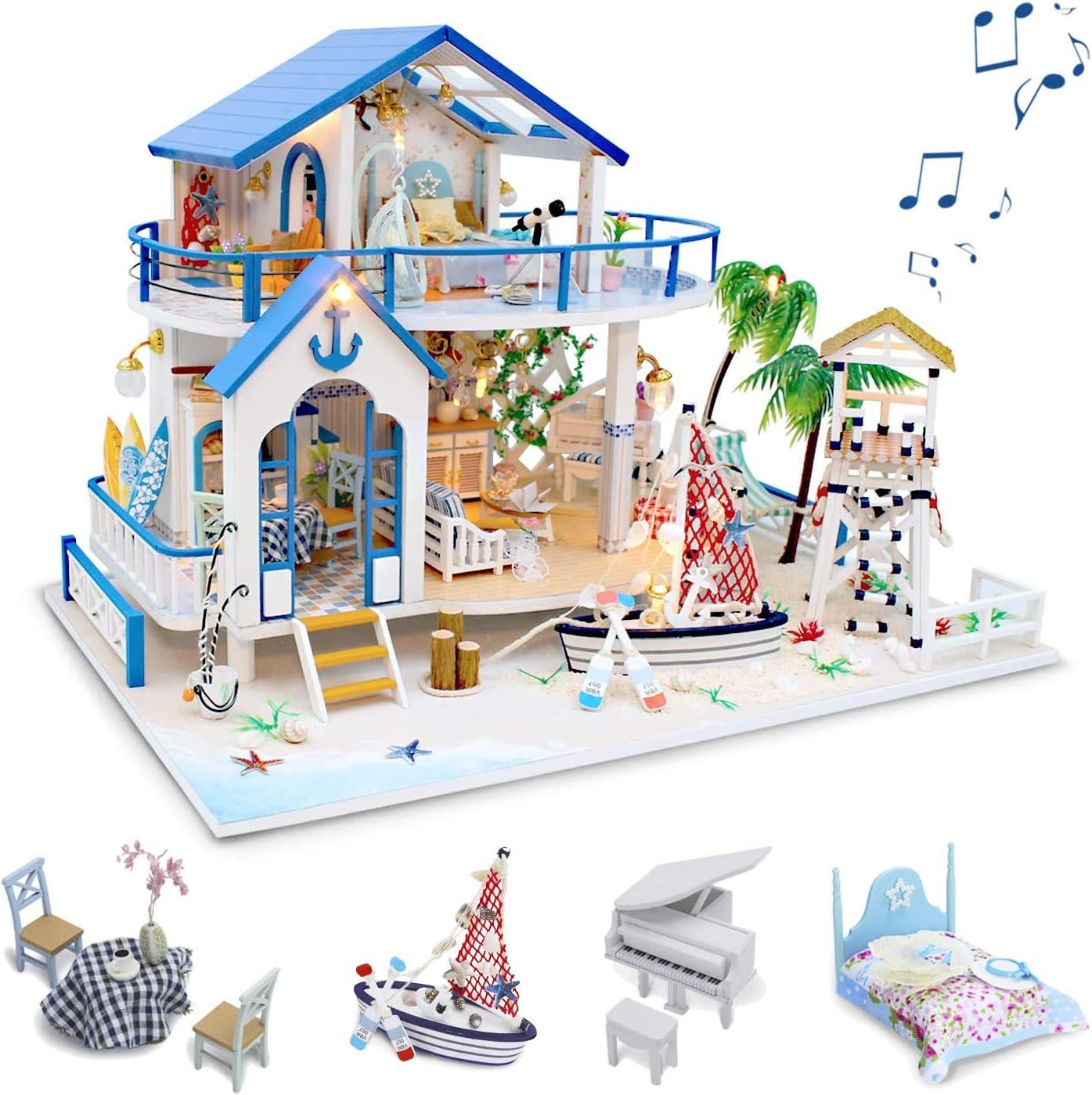 GuDoQi DIY Miniature Dollhouse Kit, Miniature House Kit 1:24 Scale,Tiny House kit with Music and Furniture Kit, Great Gift for Birthday Christmas, Blue Sea Legend