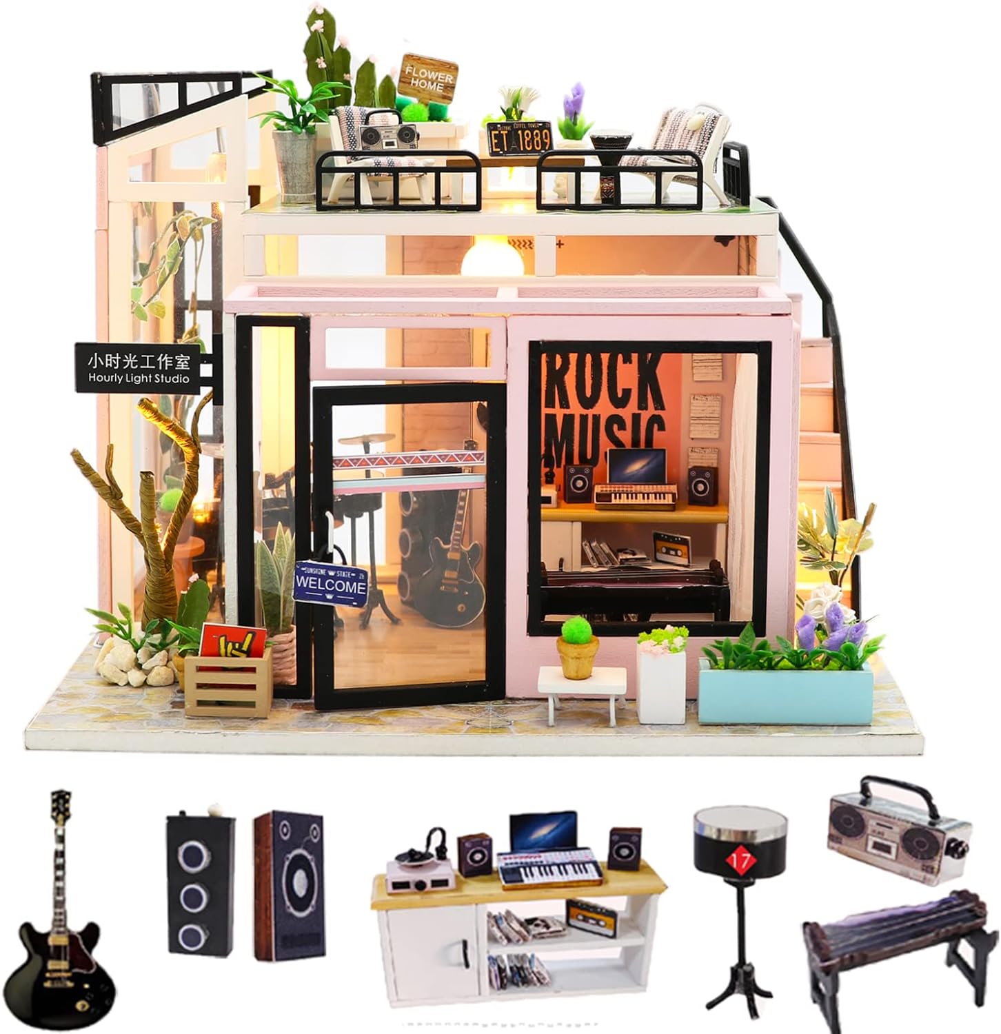 Spilay DIY Miniature Dollhouse Kit with Wooden Furniture,DIY Dollhouse Kit with Dust Proof and Music Movement,1:24 Scale Creative Room for Romantic Valentine' Gift(Time Studio)