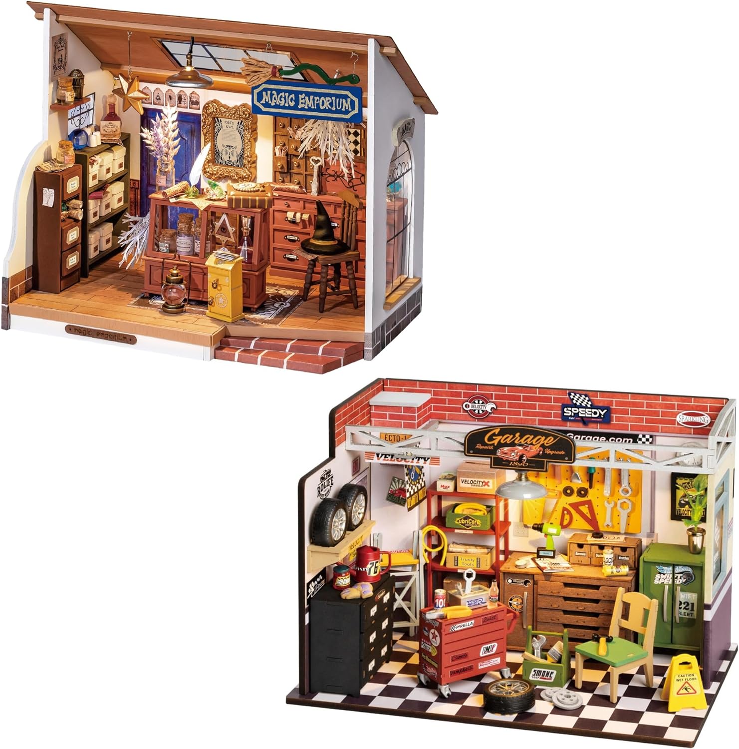 ROBOTIME Miniature House Kit DIY Mini Dollhouse Tiny House Making Kit with LED Light Decorative Wooden Craft Diroma Kit Hobby Gift(Garage Workshop & Kiki' Magic Emporium)