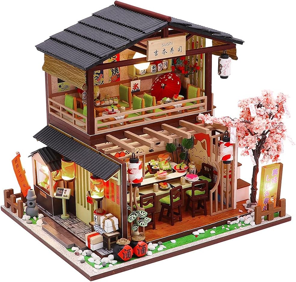 DIY Dollhouse Miniature Wooden Furniture Kit, Doll House Kit with Dust Proof Cover and Music Box, Mini Handmade Wooden Dollhouse Toys for Adult Gift (M2011)