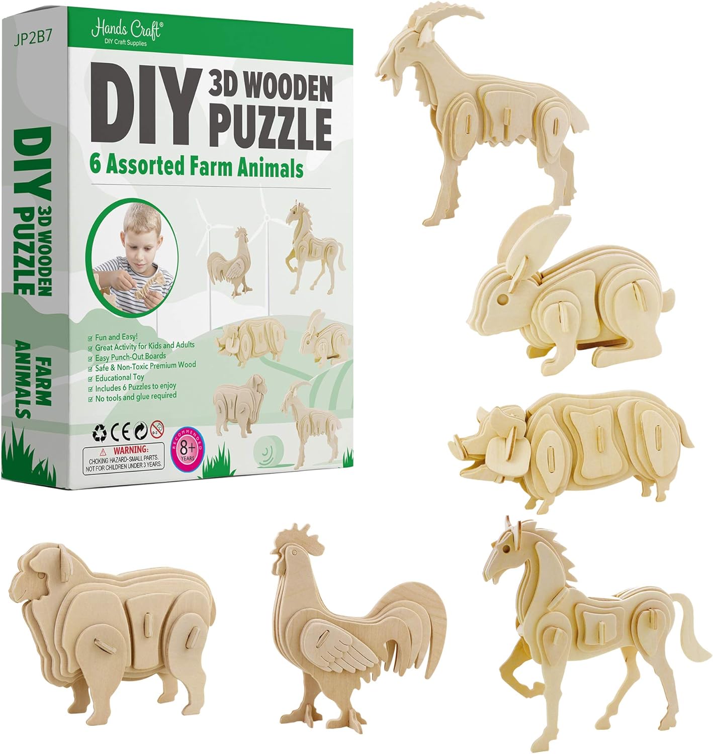 Hands Craft DIY 3D Wooden Puzzle  6 Assorted Farm Animals Bundle Pack Set Brain Teaser Puzzles Educational STEM Toy Adults and Kids to Build Safe and Non-Toxic Easy Punch Out Premium Wood JP2B7