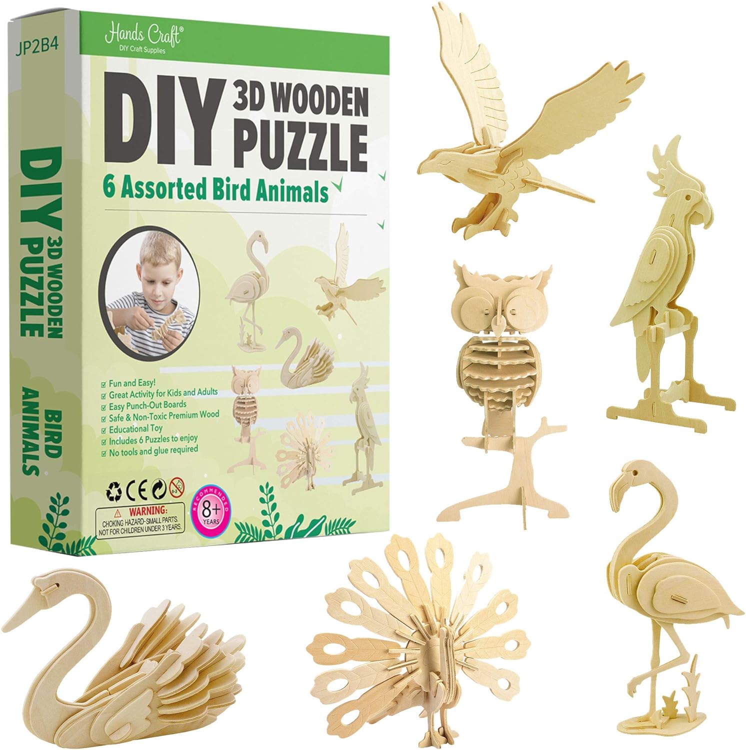 Hands Craft DIY 3D Wooden Puzzle  6 Assorted Bird Animals Bundle Pack Set Brain Teaser Puzzles Educational STEM Toy Adults and Kids to Build Safe and Non-Toxic Easy Punch Out Premium Wood JP2B4