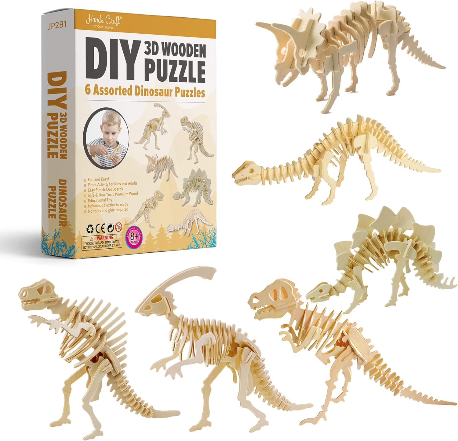 Hands Craft DIY 3D Wooden Puzzle  6 Assorted Dinosaur Bundle Pack Set Brain Teaser Puzzles Educational STEM Toy Adults and Kids to Build Safe and Non-Toxic Easy Punch Out Premium Wood JP2B1
