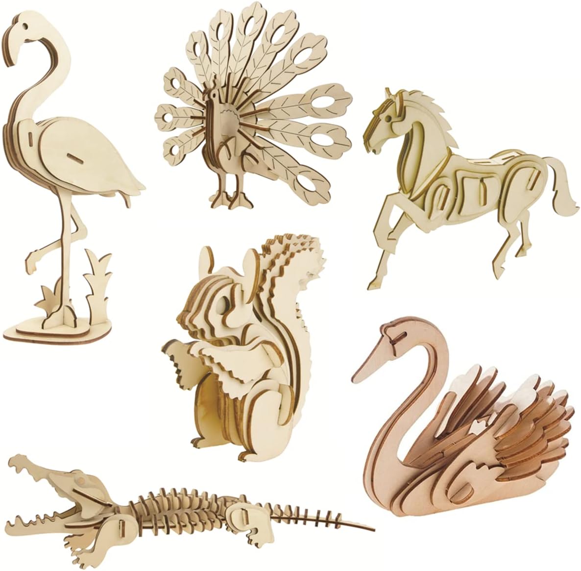 3D Wooden Wild Animal Puzzle - 6 Piece Set Wood Wild Animals Skeleton Assembly Model Kits - Wooden Crafts DIY Brain Teaser Puzzle - STEM Toys Gifts for Kids and Adults Teens Boys Girls