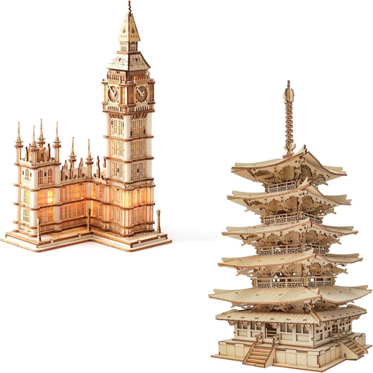 ROBOTIME 3D Puzzle Wooden Craft Kits for Adults DIY Model Building Kit Big Ben TG507 & Five-Storied Pagoda TGN02