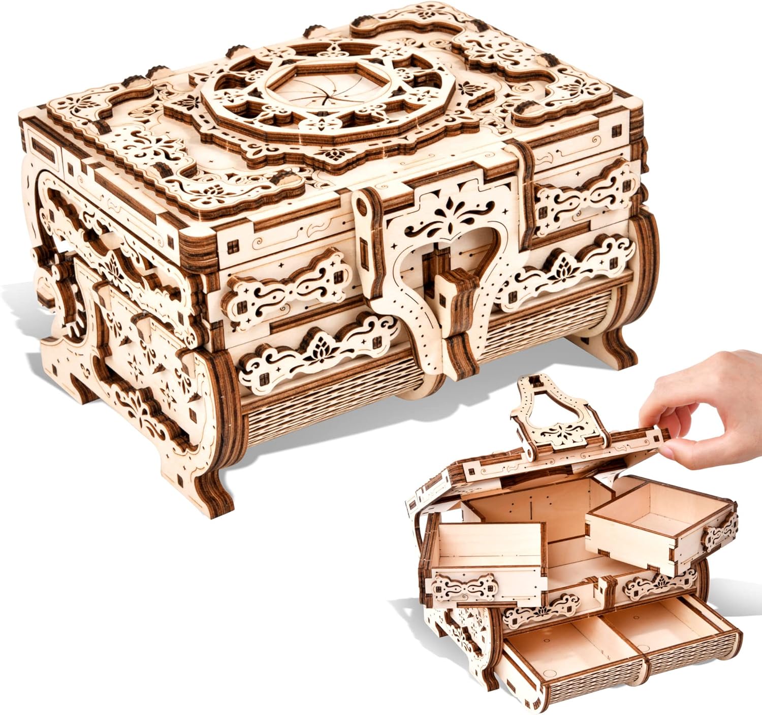 3D Wooden Puzzle Mechanical Treasure Box, Wood Creative Assembly Model Building Kits to Build for Adults and Teens, DIY Wooden Puzzle Hobbies Projects Gift for Women and Kids