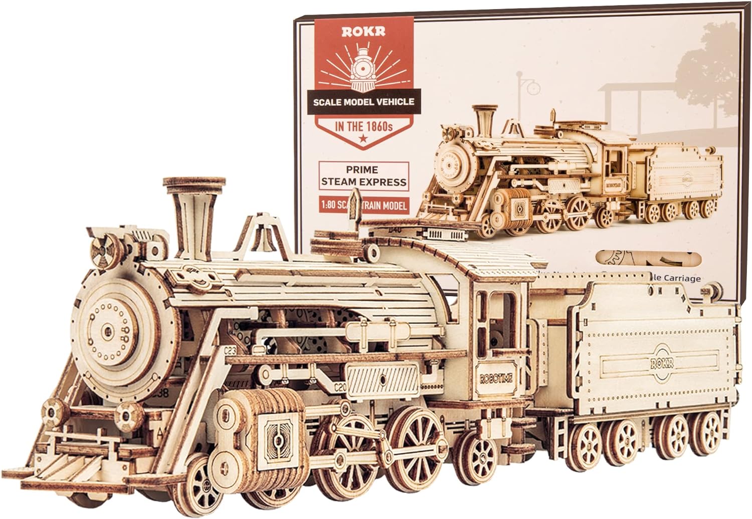 ROKR 3D Wooden Puzzle for Adults-Mechanical Train Model Kits-Brain Teaser Puzzles-Vehicle Building Kits-Unique Gift for Kids on Birthday/Christmas Day(1:80 Scale)(MC501-Prime Steam Express)