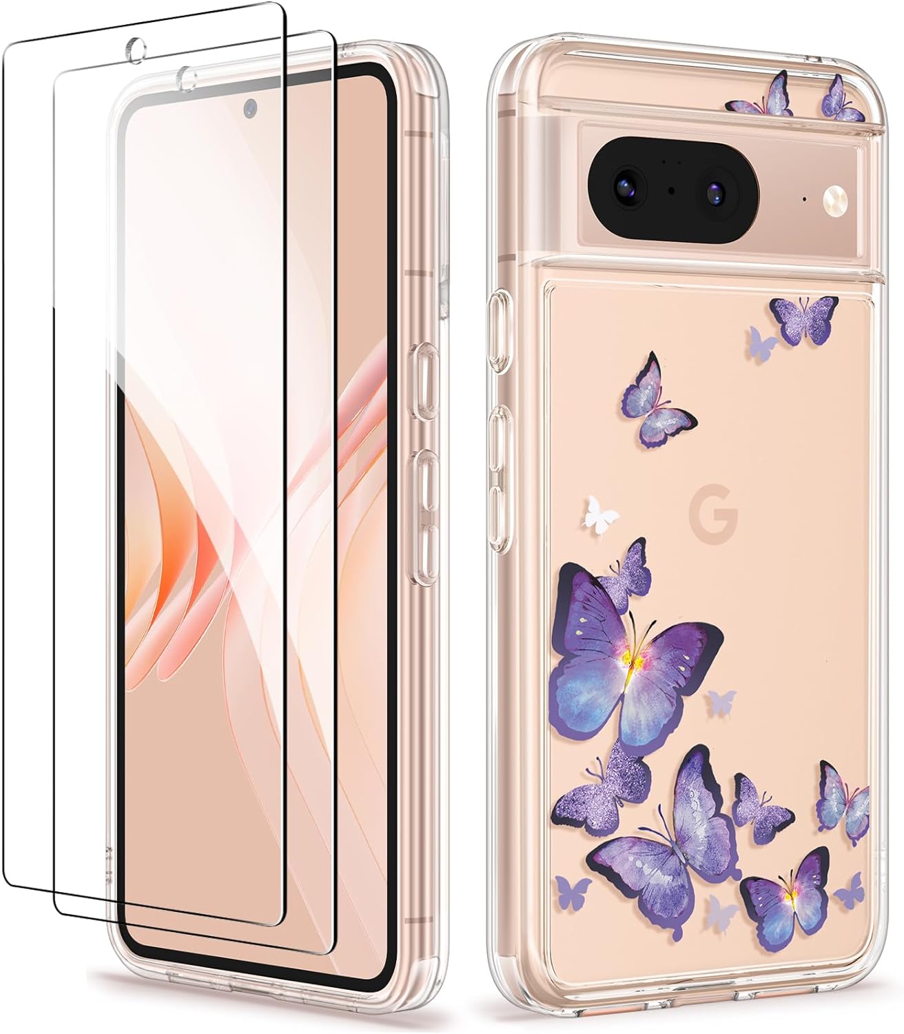 GVIEWIN Compatible with Google Pixel 8 Case with 2X Screen Protector, Clear Floral Slim Shockproof Protective Hard PC+TPU Bumper Flower Women Phone Case Cover 6.2'' 2023 (Alluring Butterfly/Purple)