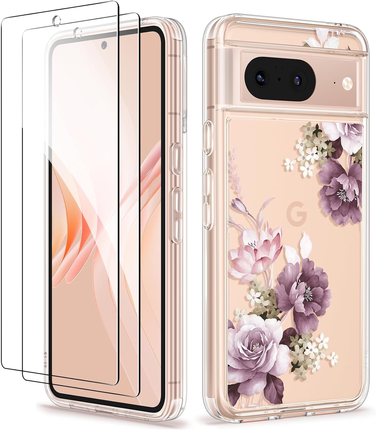 GVIEWIN Compatible with Google Pixel 8 Case with 2X Screen Protector, Clear Floral Slim Shockproof Protective Hard PC TPU Bumper Flower Women Phone Case Cover 6.2'' 2023 (Cherry Blossoms/Purple)