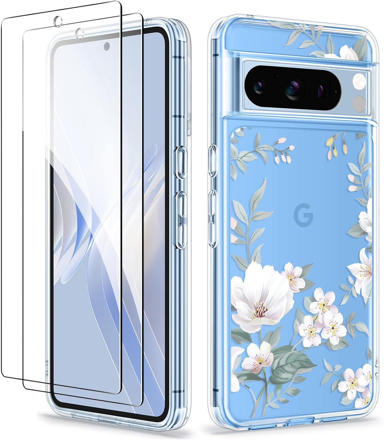 GVIEWIN Compatible with Google Pixel 8 Pro Case, with 2X Screen Protectors, [Not Yellowing   Military Grade Drop Tested] Clear Floral Slim Shockproof Protective Women Phone Case(Magnolia/White)