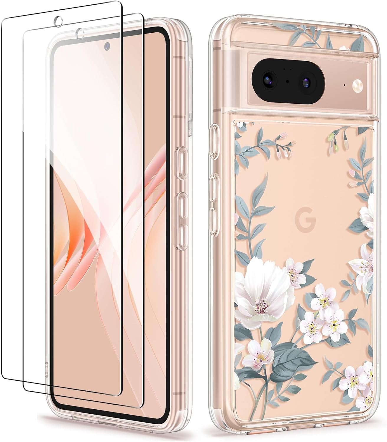 GVIEWIN Compatible with Google Pixel 8 Case with 2X Screen Protector, Clear Floral Slim Shockproof Protective Hard PC+TPU Bumper Flower Women Phone Case Cover 6.2'' 2023 (Magnolia/White)