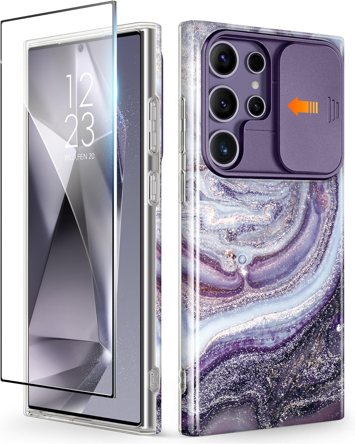 GVIEWIN Compatible with Samsung Galaxy S24 Ultra Case with Slide Camera Cover Screen Protector, [Military Grade Shockproof] Marble Protective Phone Case for S24 Ultra 5G 6.8 (Milky Way/Purple)