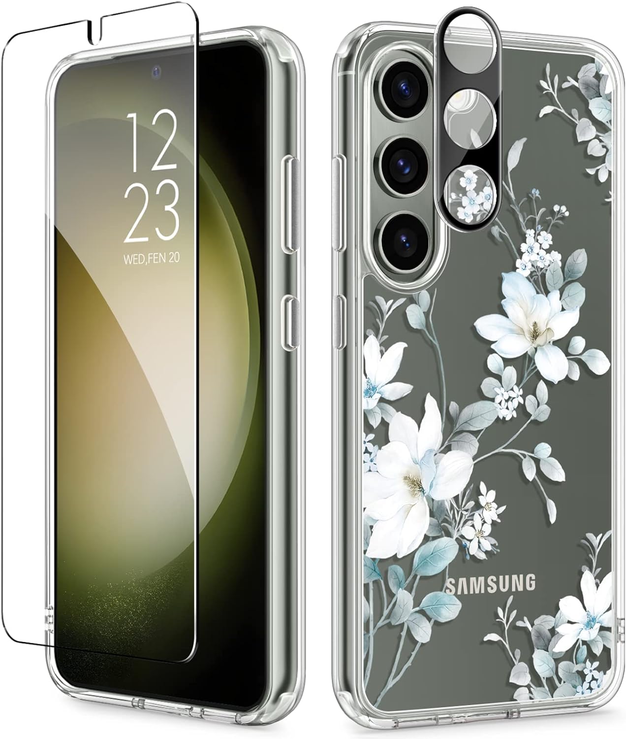 GVIEWIN for Samsung Galaxy S23 Case, [3 in 1] with Screen Protector & Camera Lens Protector Clear Floral Shockproof Hard PC Back & Soft Bumper Women Phone Case Cover 2023 6.1 (Serissa/White)