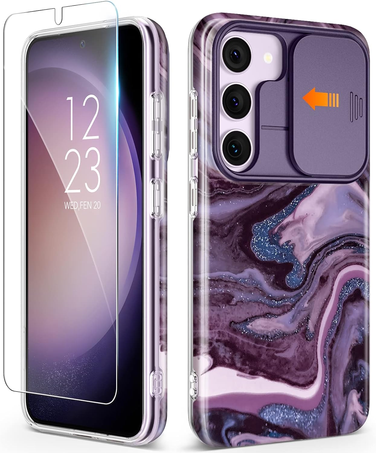 GVIEWIN Designed for Samsung Galaxy S23 Plus Case with Slide Camera Cover   Screen Protector, [10FT Military Shockproof] Marble Slim Protective Phone Case, 5G 6.6-Inch 2023 (Quicksand/Purple)