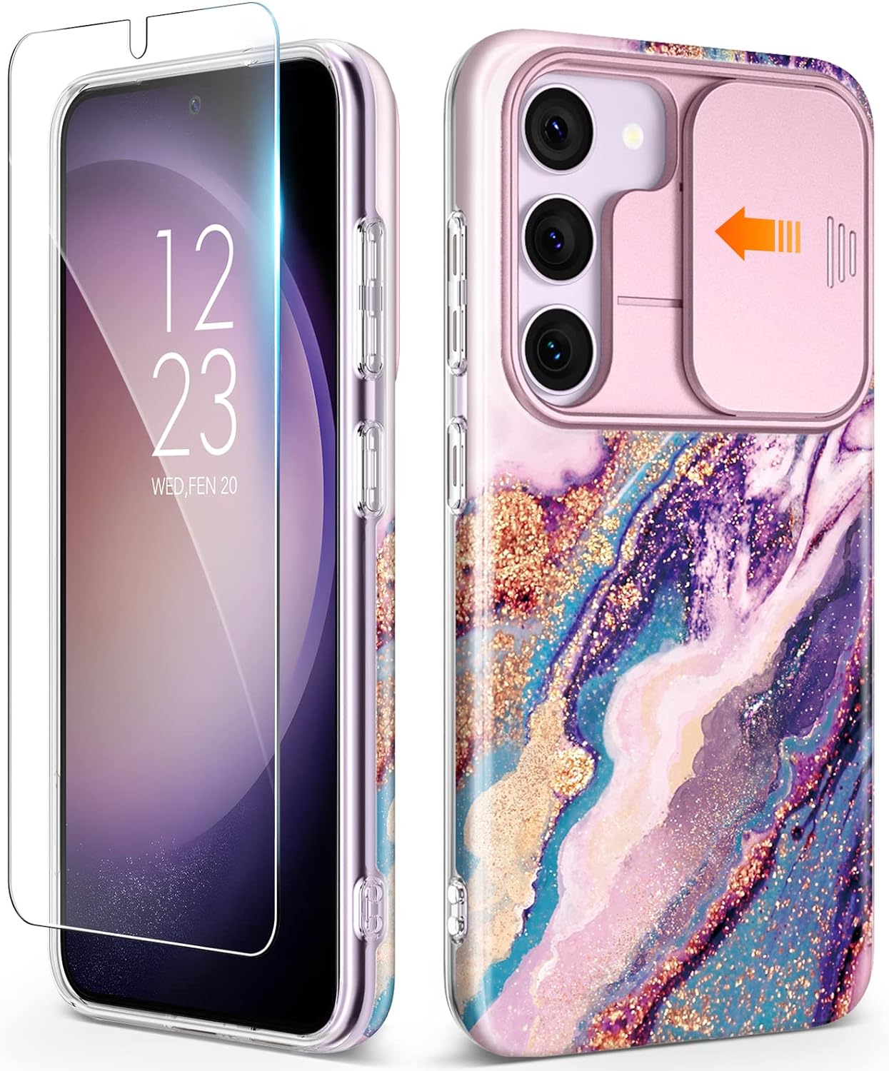 GVIEWIN Designed for Samsung Galaxy S23 Plus Case with Slide Camera Cover + Screen Protector, [10FT Military Shockproof] Marble Slim Protective Phone Case, 5G 6.6-Inch 2023 (Dreamland River/Purple)