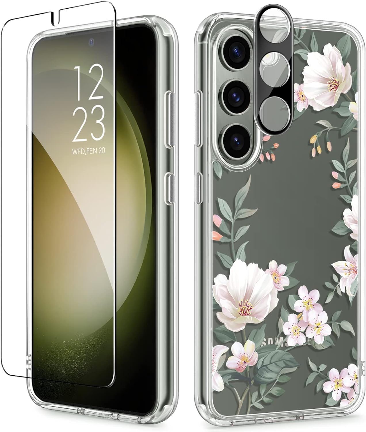 GVIEWIN Compatible with Samsung Galaxy S23 Plus Case with Screen Protector Camera Lens Protector, Slim Shockproof Clear Floral Pattern Phone Protective Cover for Women 6.6 2023 (Magnolia/White)