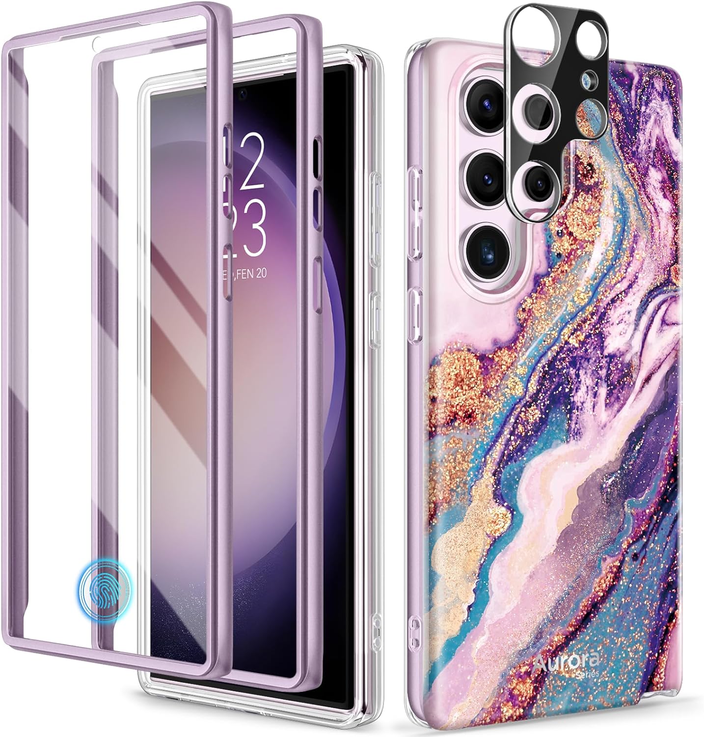 GVIEWIN for Samsung Galaxy S23 Ultra Case 5G 6.8, [Built-in Screen Protector   Camera Lens Protector ][2 Front Frames] Military Grade Shockproof, Marble Protective Phone Cover(Dreamland River/Purple)