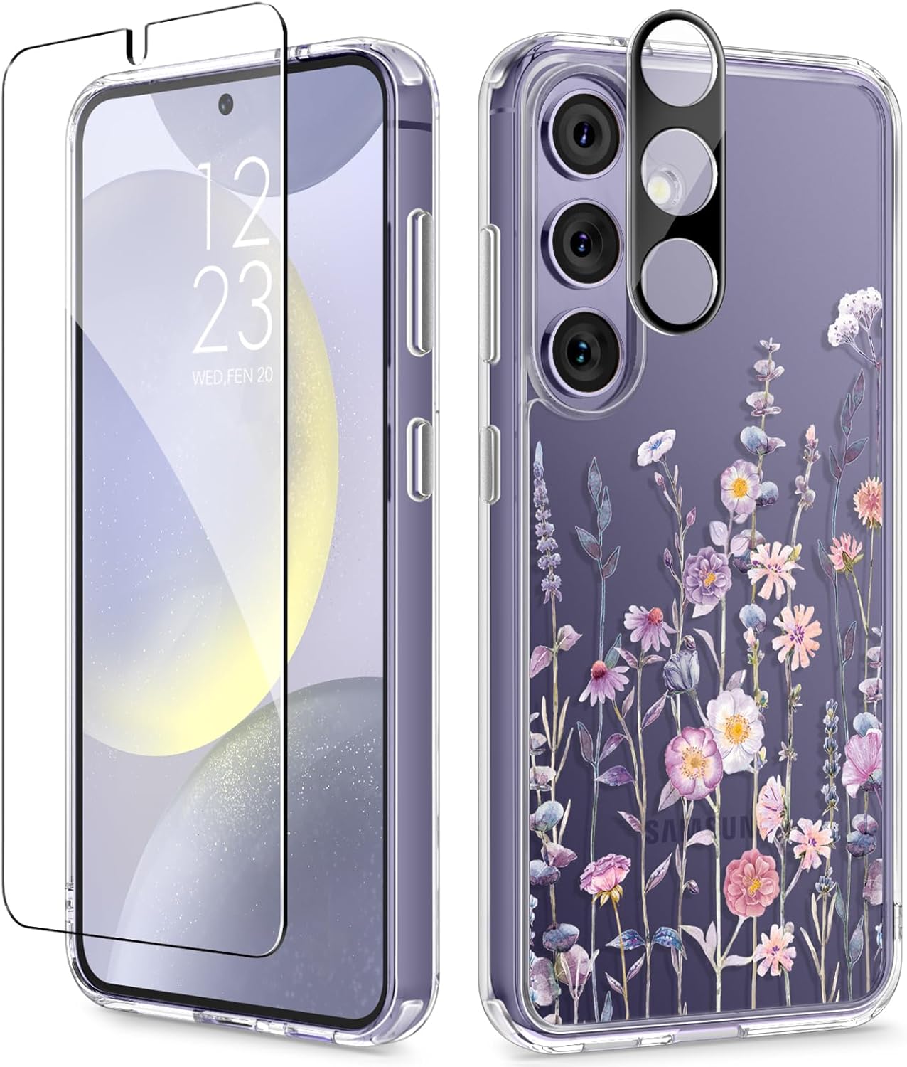 GVIEWIN Compatible with Samsung Galaxy S24 Case Floral, with Screen Protector & Camera Lens Protector, Hard PC TPU Bumper Clear Shockproof Protective Women Phone Cover 6.2 (Floratopia/Colorful)