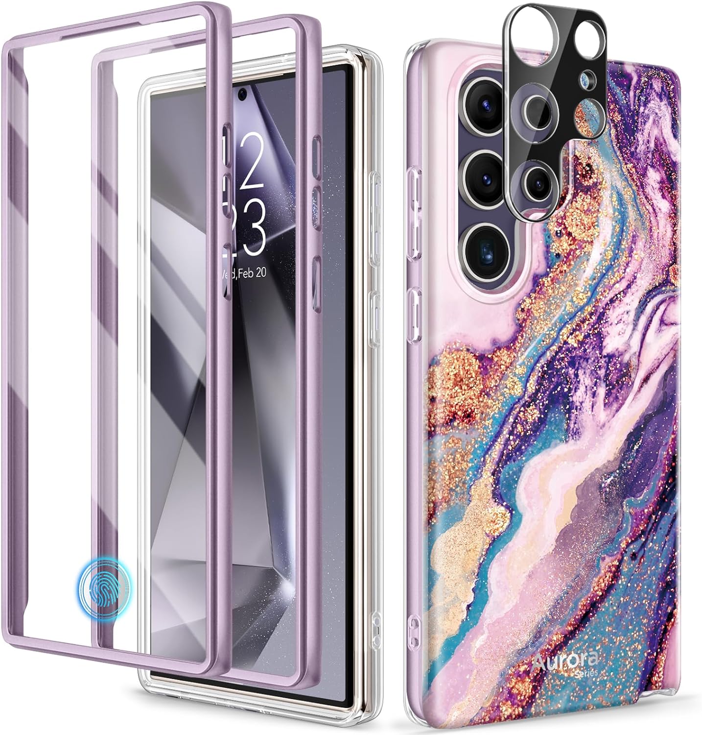 GVIEWIN Designed for Samsung Galaxy S24 Ultra Case, [Built-in Screen Protector + Camera Lens Protector ][2 Front Frames] Military Grade Drop Protective, Marble Phone Cover(Dreamland River/Purple)