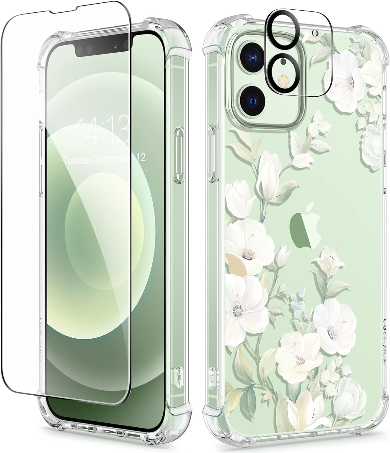 GVIEWIN for iPhone 12 Case and iPhone 12 Pro Case with Screen Protector   Camera Lens Protector, Clear Floral Flexible TPU Shockproof Cover Women Girls Flower Phone Case 6.1(Hibiscus/Green)