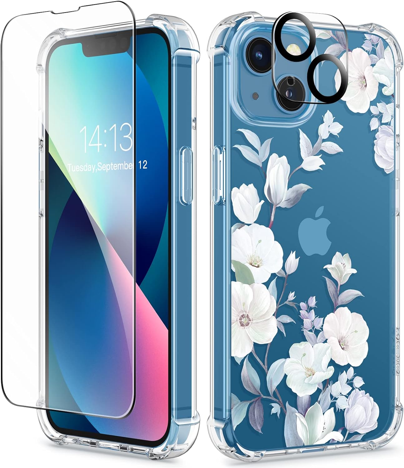 GVIEWIN Designed for iPhone 13 Case 6.1 Inch, with Tempered Glass Screen Protector   Camera Lens Protector Clear Flower Soft & Flexible Shockproof Floral Women Phone Cover (Hibiscus)