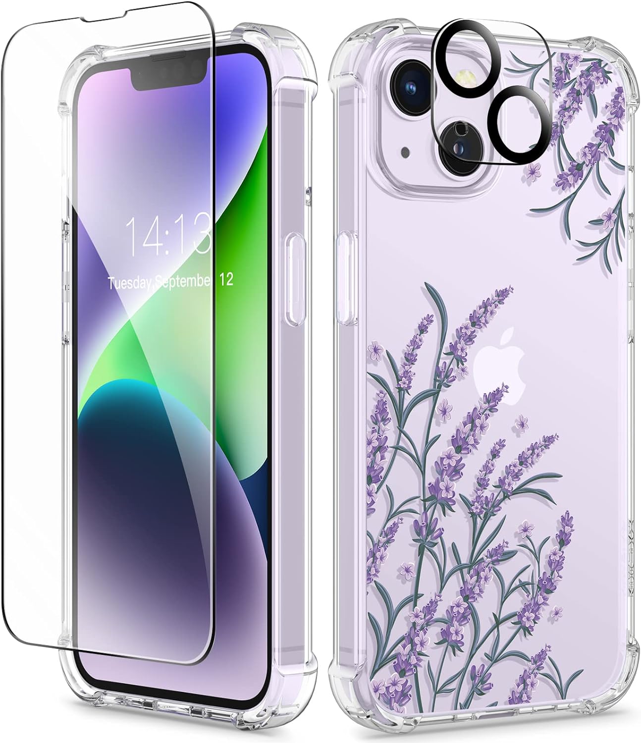 GVIEWIN for iPhone 14 Case Floral, with Screen Protector   Camera Lens Protector, [Non Yellowing] Soft Shockproof Clear Phone Protective Cover for Women, Flower Pattern Design 6.1 (Daphne/Purple)