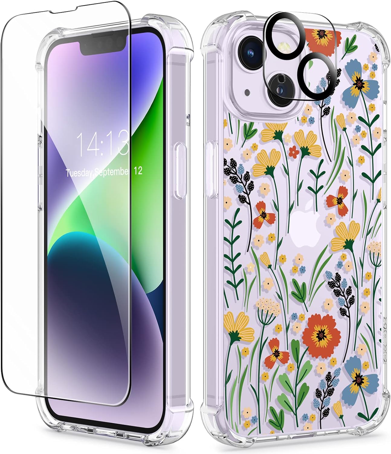 GVIEWIN for iPhone 14 Case Floral, with Screen Protector   Camera Lens Protector, [Non Yellowing] Soft Shockproof Clear Phone Protective Cover for Women, Flower Pattern Design 6.1(Blooming Flowerets)