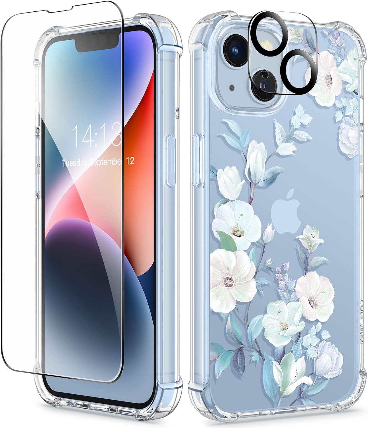 GVIEWIN Case Compatible with iPhone 14 Plus 6.7 Inch,with Screen Protector   Camera Lens Protector, Clear Flower Shockproof Soft Protective Floral Designed Women Phone Cover, 2022 (Hibiscus)