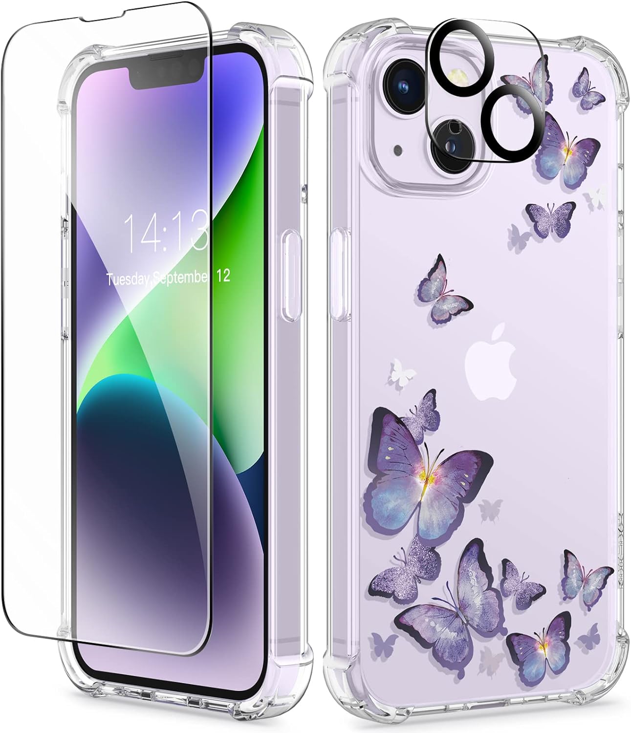 GVIEWIN for iPhone 14 Plus Case Floral, with Screen Protector + Camera Lens Protector, Soft Slim Clear Flower Shockproof Full Body Protective Women Phone Cover, 6.7 Inch (Alluring Butterfly/Purple)