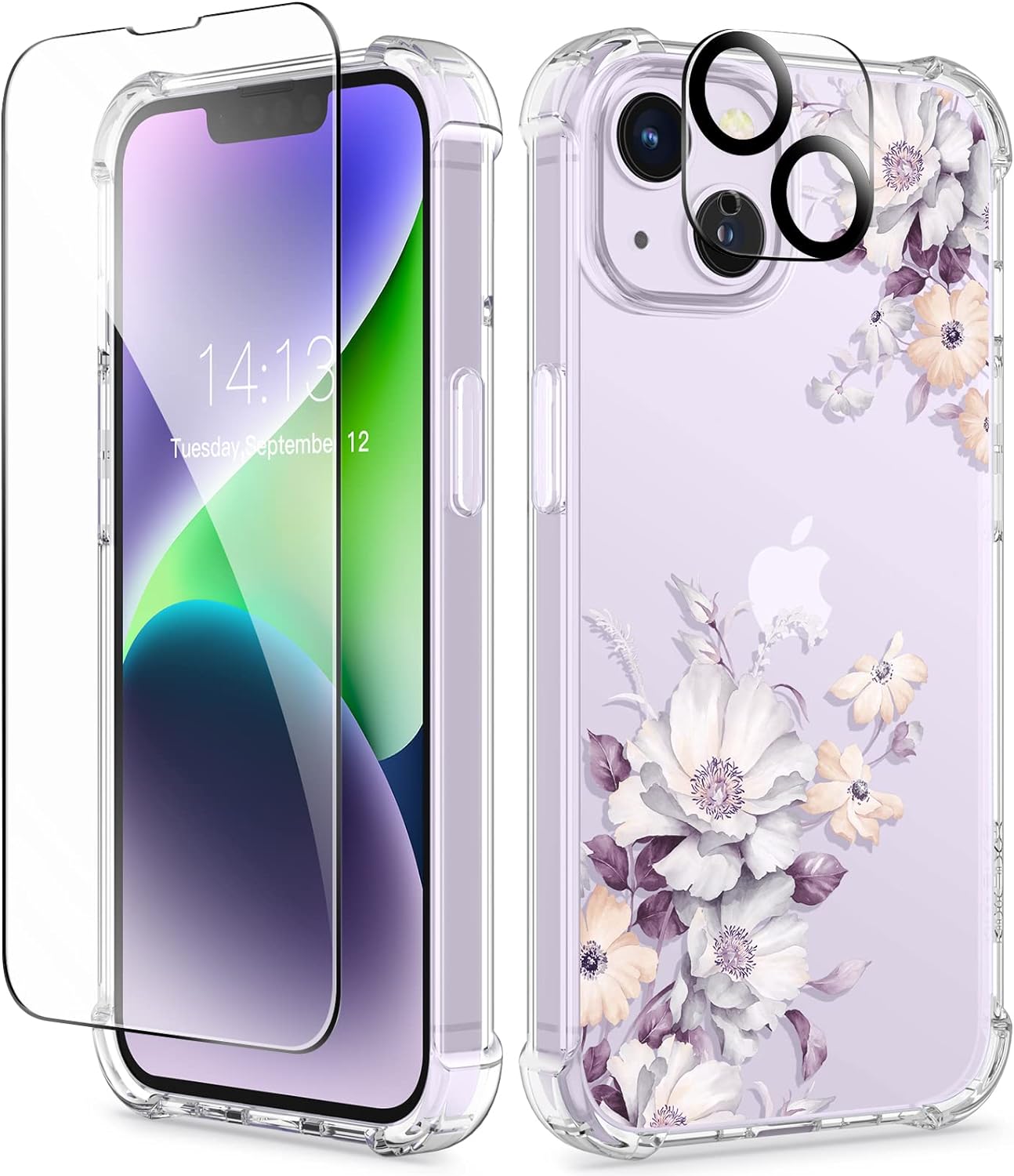 GVIEWIN for iPhone 14 Plus Case Floral, with Screen Protector + Camera Lens Protector, Soft Slim Clear Flower Shockproof Full Body Protective Women Phone Cover, 6.7 Inch (Aster/Purple)