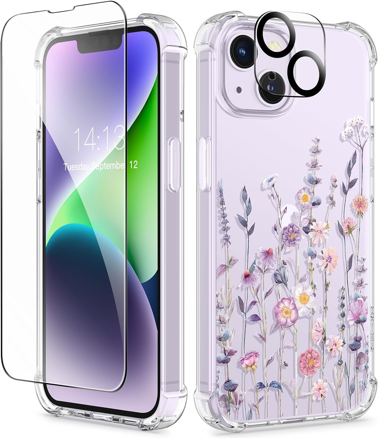 GVIEWIN for iPhone 14 Plus Case Floral, with Screen Protector + Camera Lens Protector, Soft Slim Clear Flower Shockproof Full Body Protective Women Phone Cover, 6.7 Inch (Floratopia/Colorful)