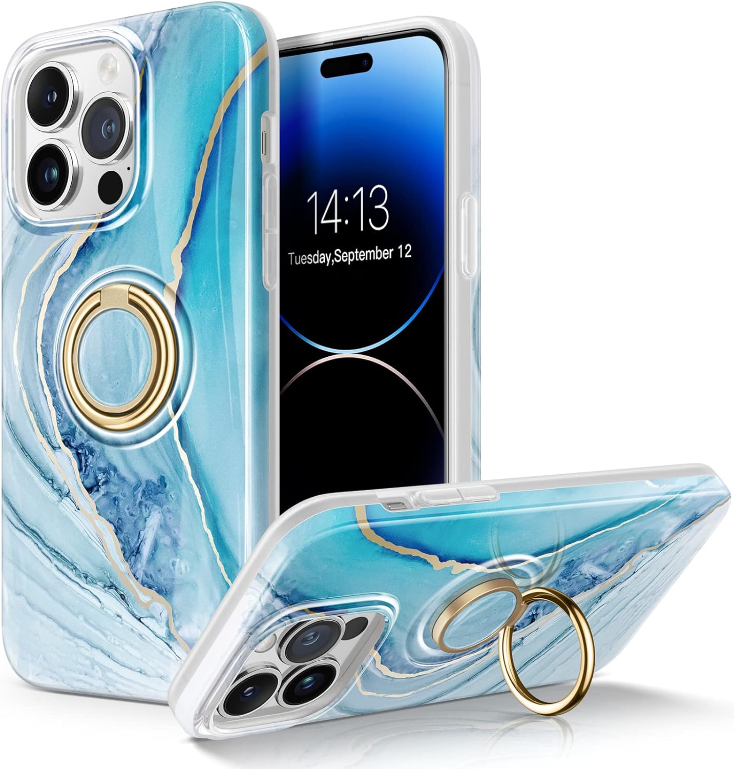 GVIEWIN Compatible with iPhone 14 Pro Case 6.1 Inch 2022, [Built-in 360 Rotatable Ring Stand] Marble Slim Stylish Durable Hard Shockproof Phone Holder Kickstand Cover(Salt Lake/Blue)