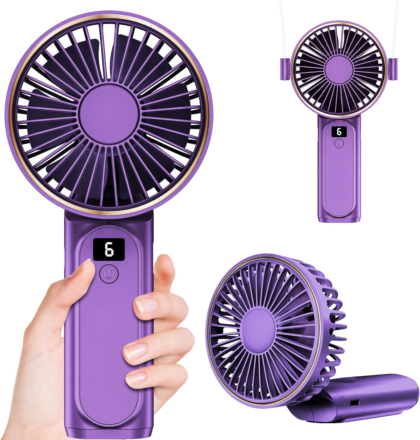 Handheld Fan, Portable Fan, 4000mAh USB Rechargeable Personal Fan, 180 Foldable Mini Desk Fan, 6 Wind Speed, LCD Digital Display, Lanyard as Neck Fan, Ultra Quiet, Pocket Size for Indoor Outdoor