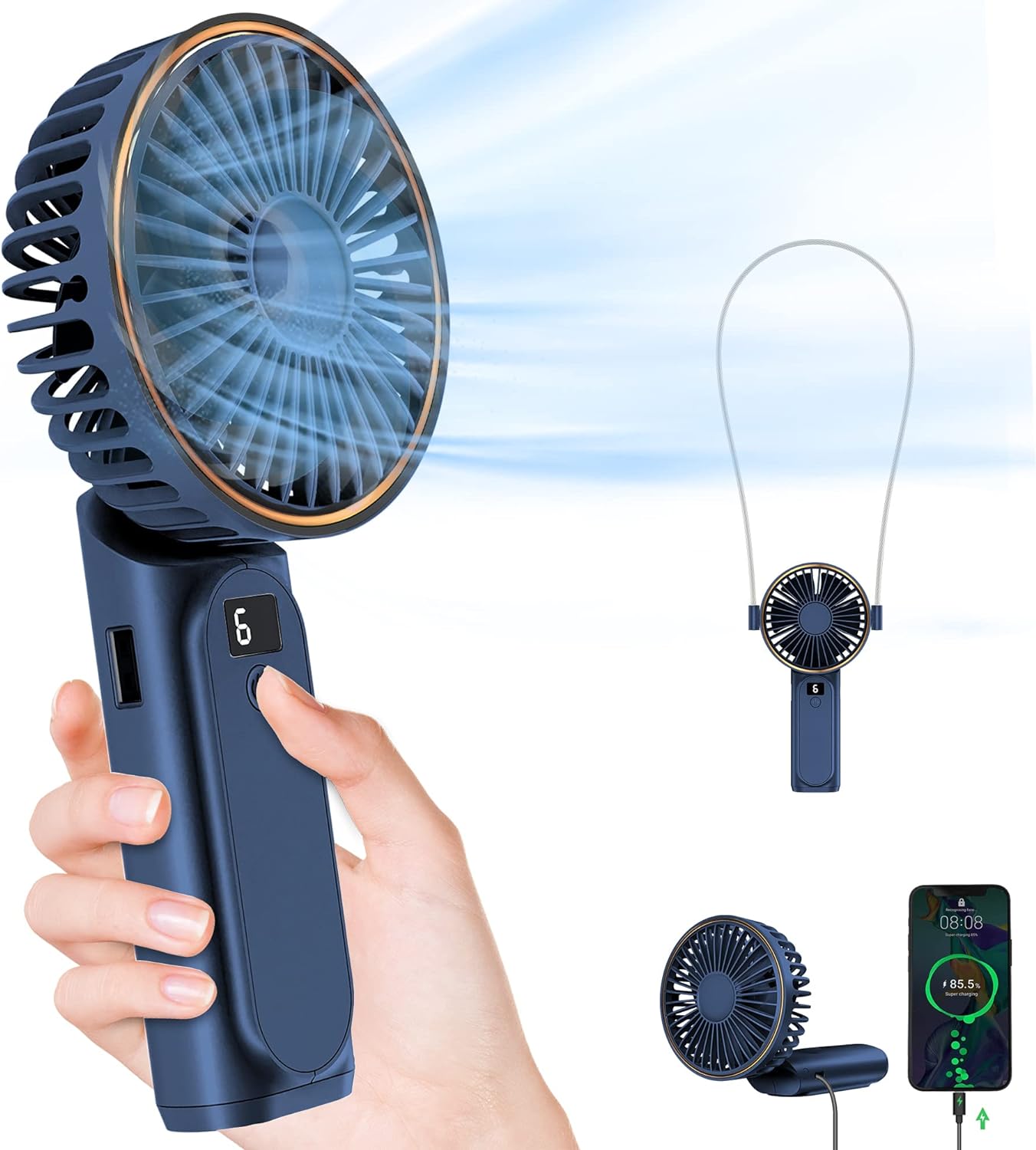 Portable Handheld Fan, Neck Fan, 4000mAh Desk Fan, 180 Adjustable, 6 Speed Wind, Display Electricity in Real Time, USB Rechargeable Foldable Fan, Quiet Personal Fan with Power Bank Blue