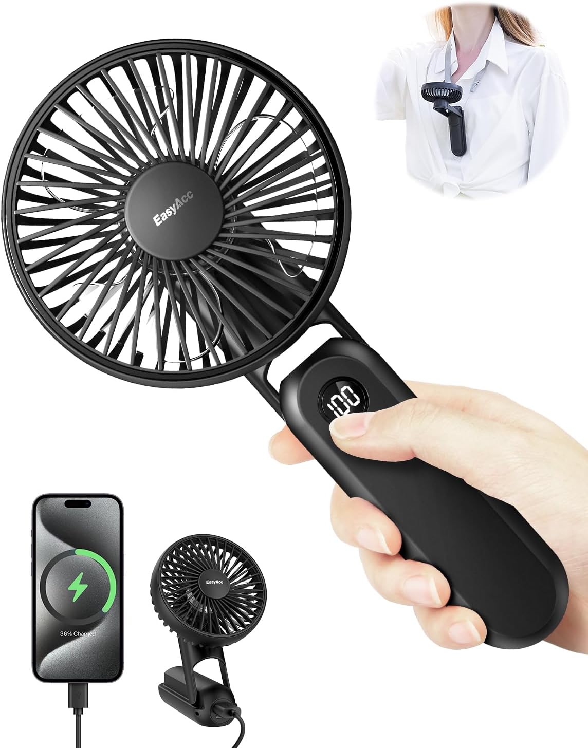 EasyAcc Portable Fan for Travel,Rechargeable Handheld Fan, 5 Speed Ultra Quiet [18H Max Cooling Time] with Backup Power Digital Display Lanyard Neck Foldable Personal Fan Hot Flashes Gift Outdoor