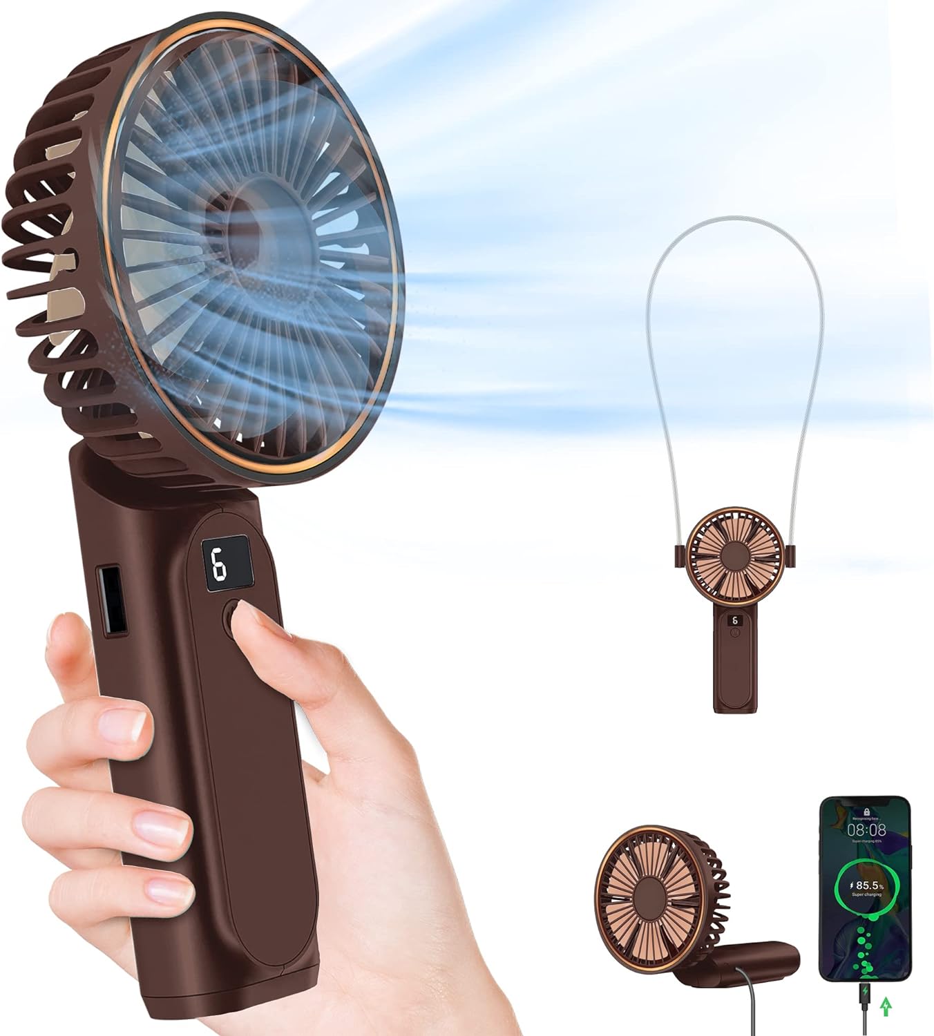 Handheld Fan, Neck Fan, 4000mAh Desk Fan, 180 Adjustable, 6 Speed Wind, Display Electricity in Real Time, USB Rechargeable Foldable Fan, Quiet Personal Fan with Power Bank Brown