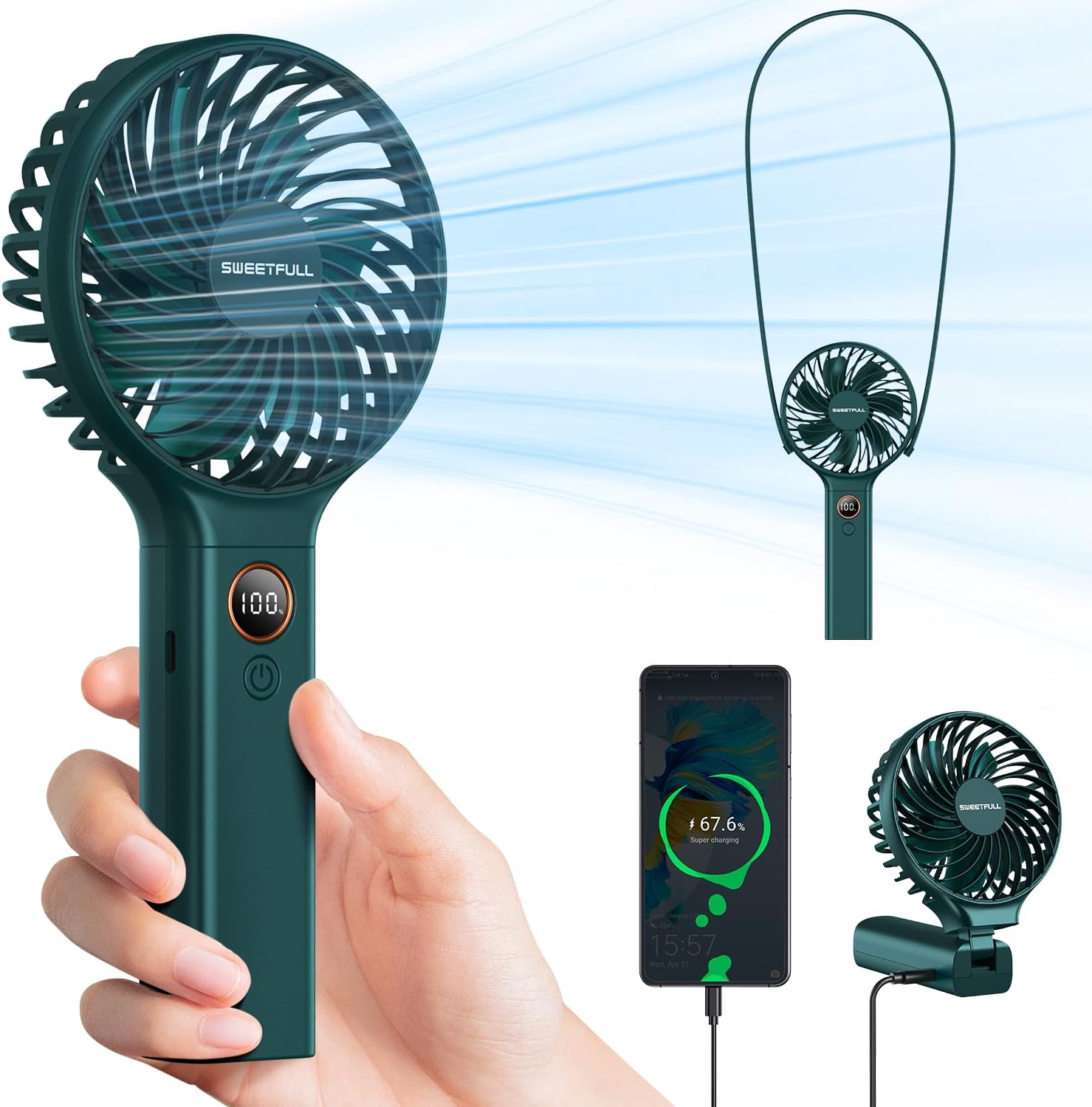 SWEETFULL Handheld Fan,5000mAh Portable Fan Mini fan Small Personal Fan with Backup Power,Desk Fan Hand Held Fan Rechargeable Battery Operated Cooling Electric Fan for Women Girl Travel Office