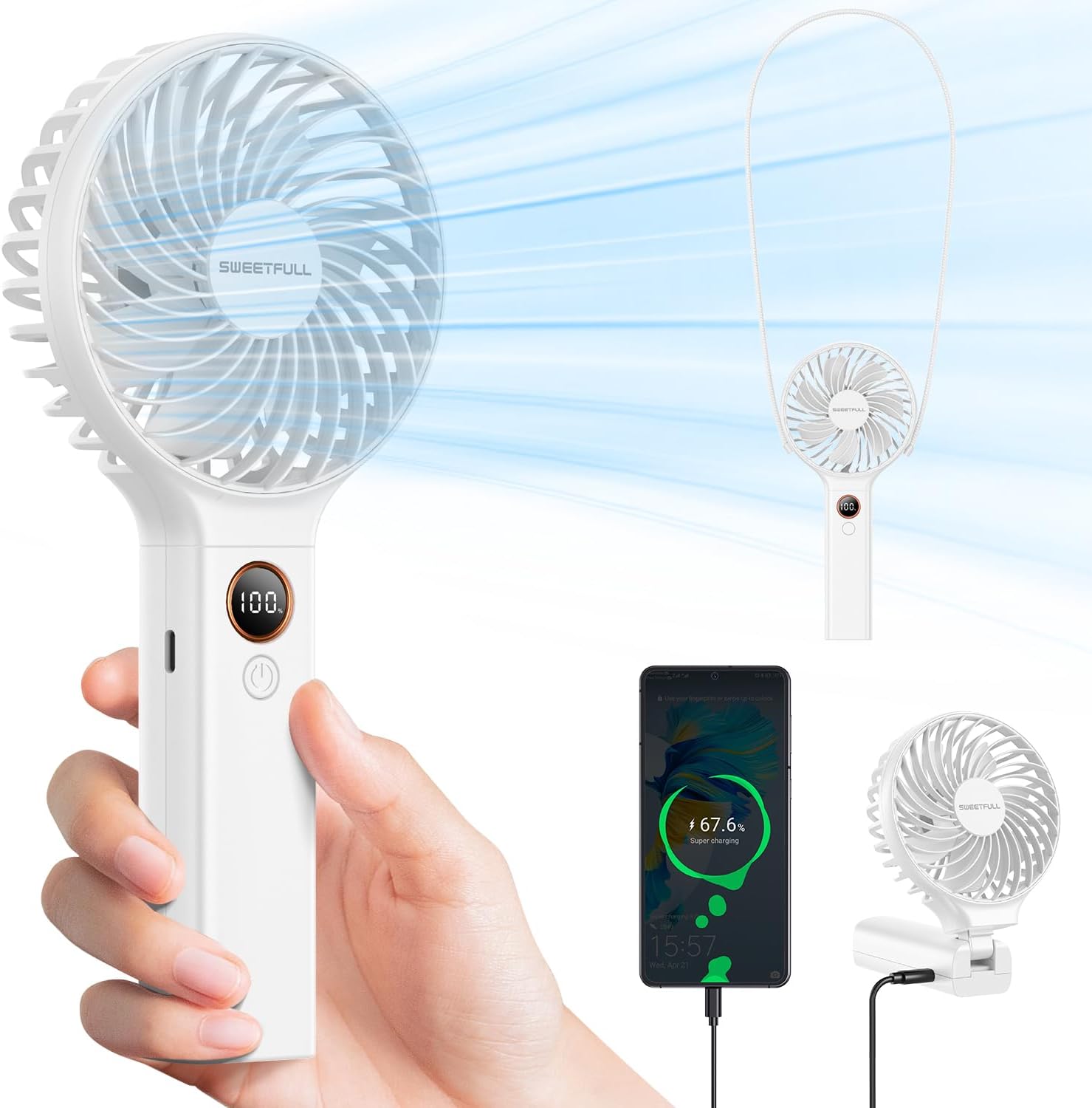 SWEETFULL Handheld Fan,5000mAh Portable Fan Mini fan Small Personal Fan with Backup Power,Desk Fan Hand Held Fan Rechargeable Battery Operated Cooling Electric Fan for Women Girl Travel Office