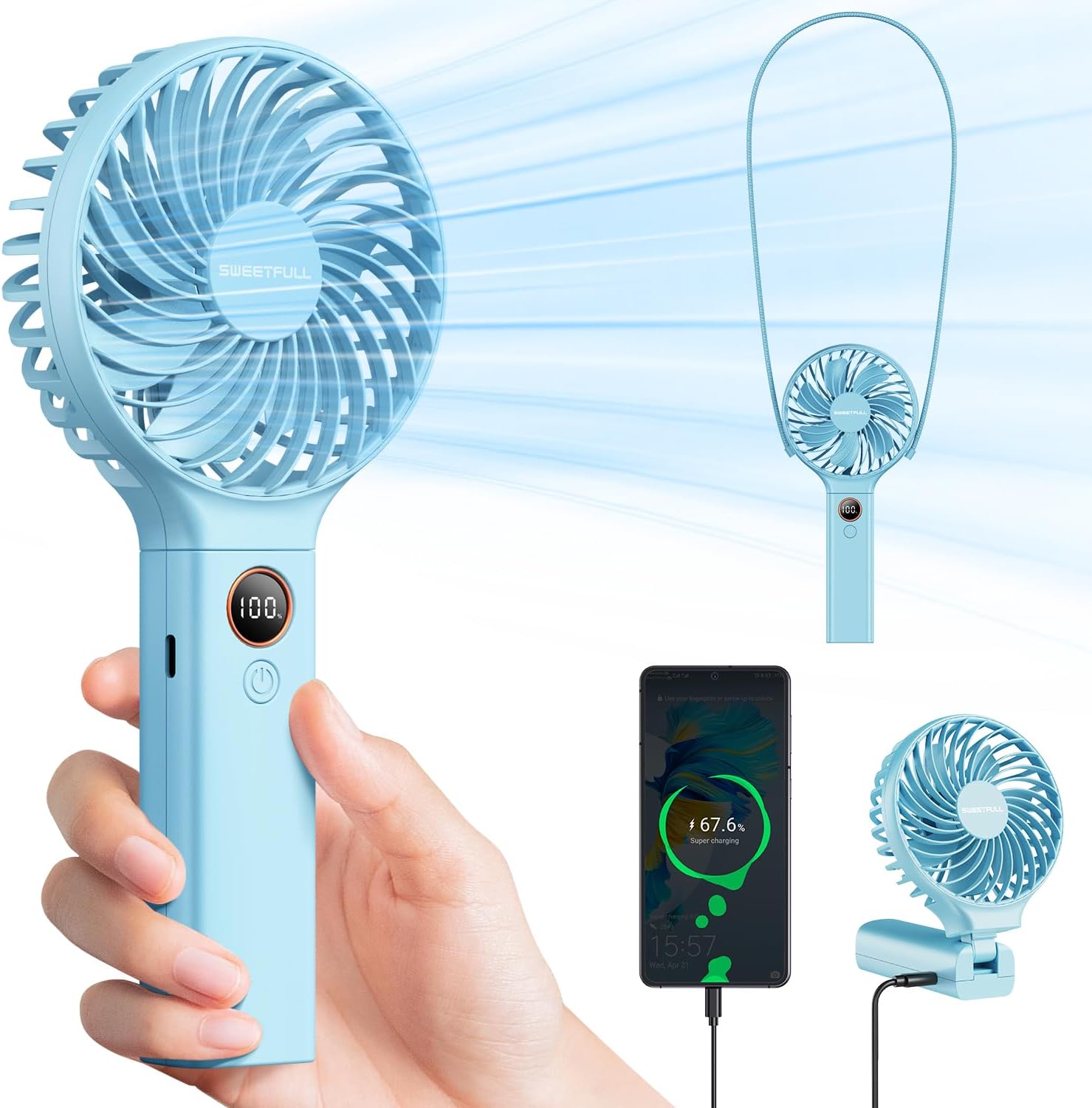 SWEETFULL Handheld Fan,5000mAh Portable Fan Mini fan Small Personal Fan with Backup Power,Desk Fan Rechargeable Battery Operated Cooling Electric Fan for Women Girl Travel Office Outdoor