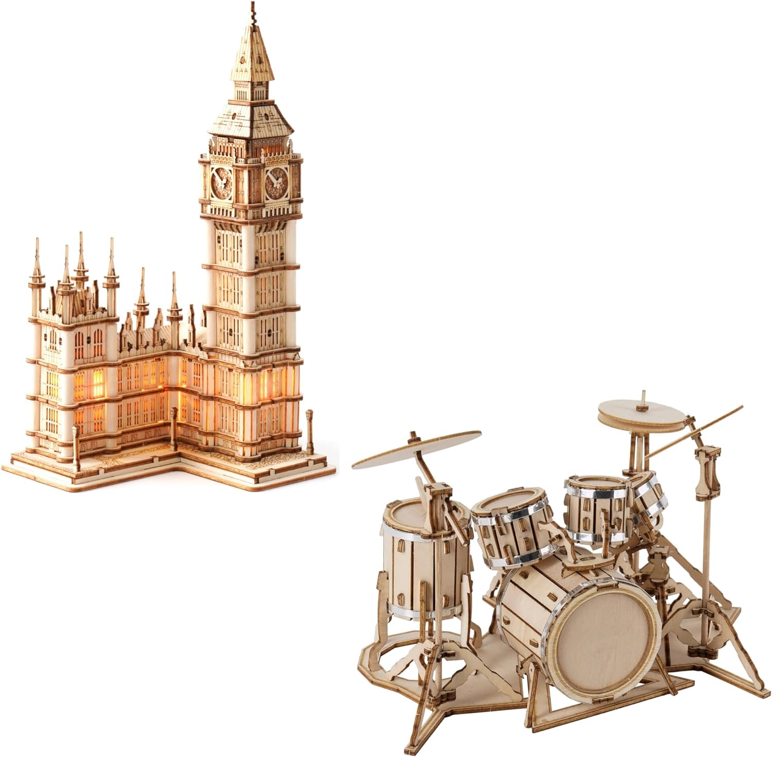 ROBOTIME Wooden Craft Kits for Kids 3D Wooden Puzzle DIY Model Kit Big Ben TG507 & Drum TG409